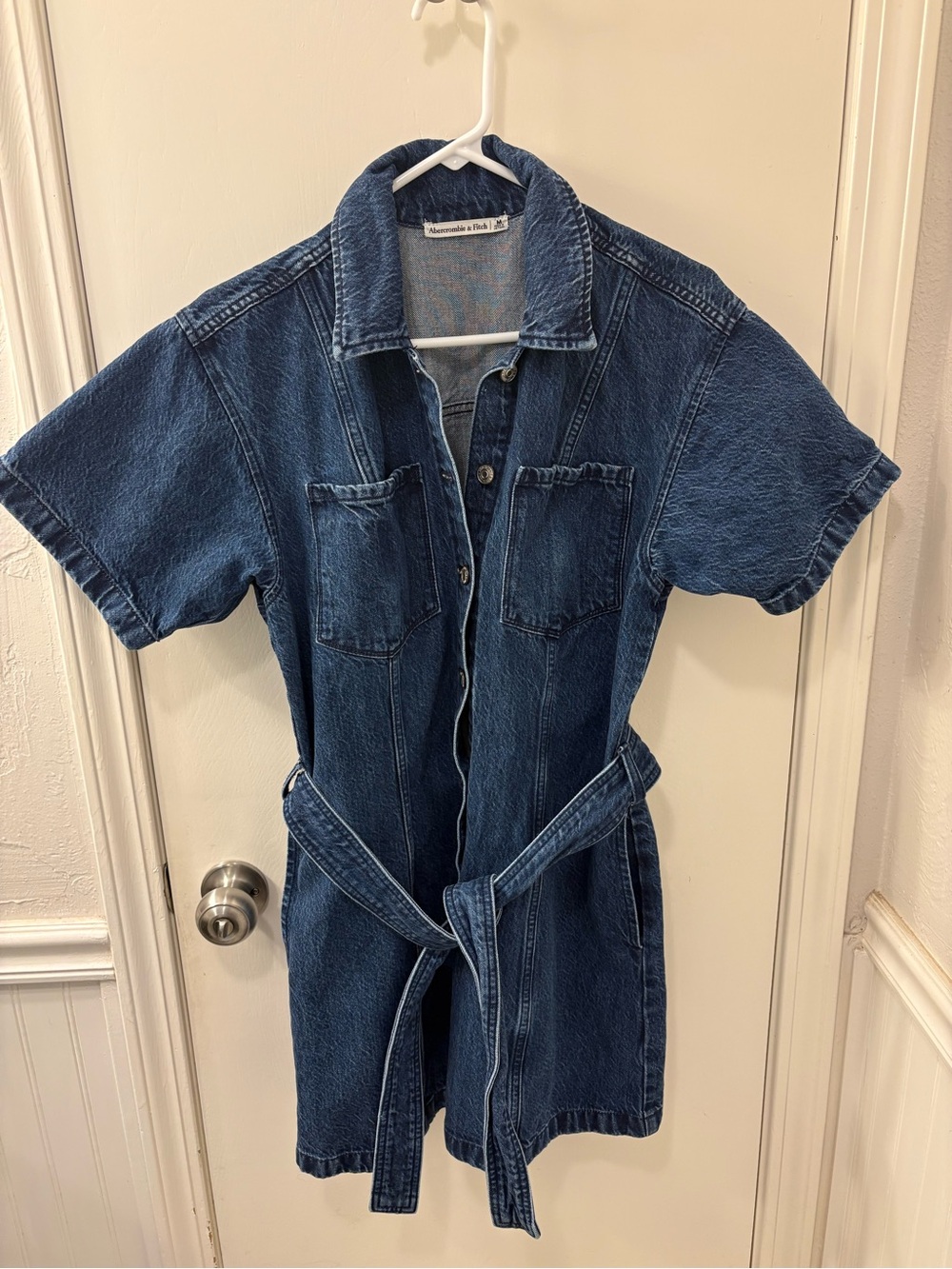 Abercrombie & Fitch Short-Sleeve Denim Shirt Dress in Dark Wash